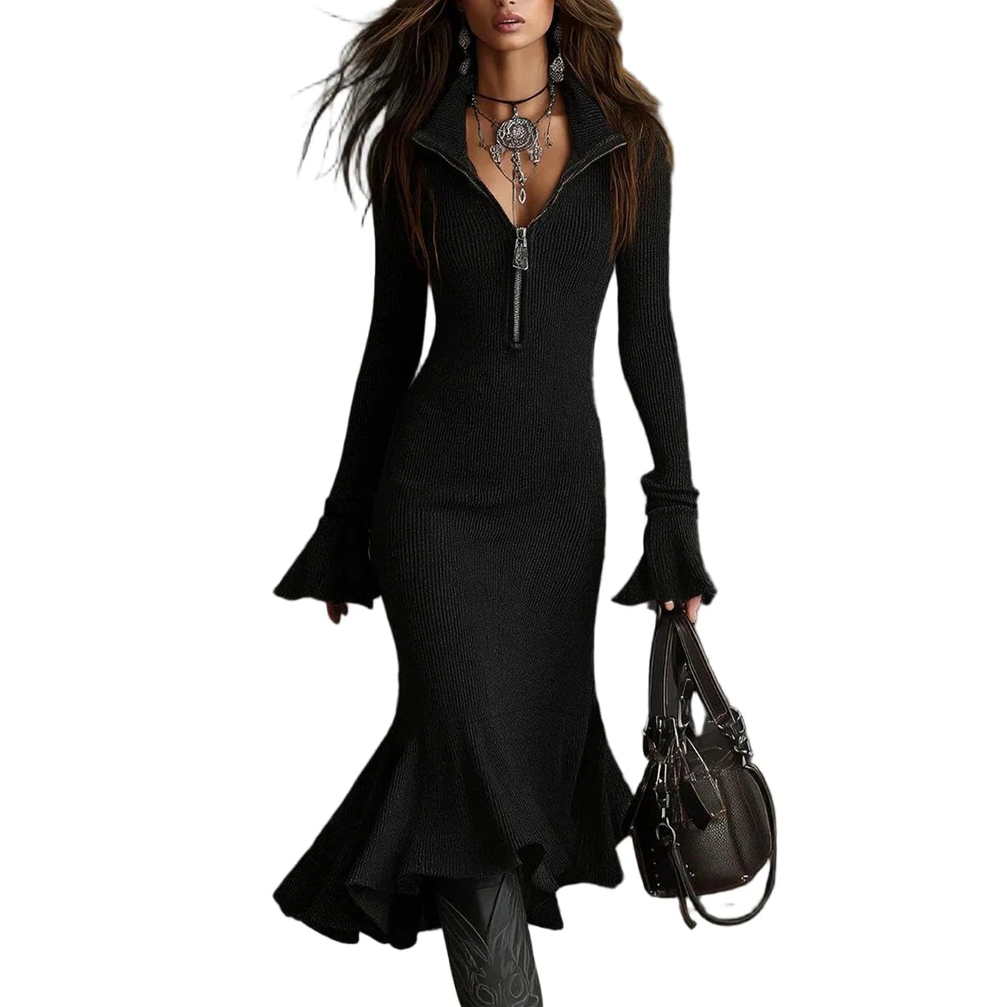 Fall Winter Sweater Dress Quarter Zip Bell Sleeve Mermaid Knit Bodycon Long Dress Trendy Chic Slim Fit Flared Hem Party Dress