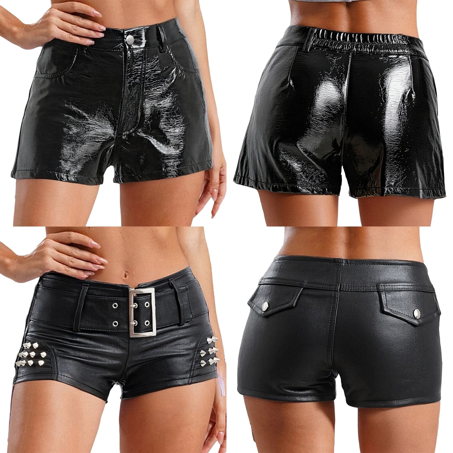 Womens Rivets And Belt PU Leather Hot Pants Hot Shorts Slim Fit Short Bottoms Club Rock Music Festival Costume