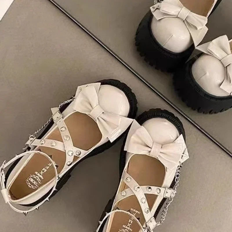 2025 New Women's Shoes Ankle Straps Womens Pumps Platform Women Leather Bows Mary Jane Punk Gothic Chunky Heel Chaussures Femme