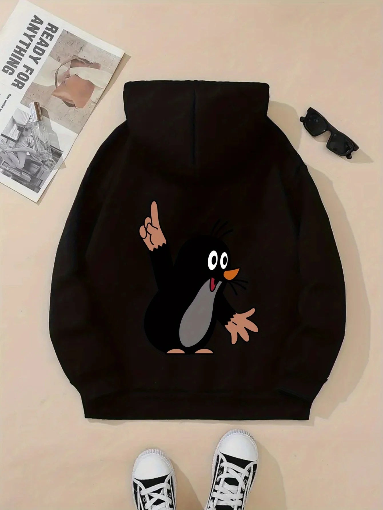 Women's autumn and winter warm and loose casual NOPE not today printed suede long sleeved hooded sweatshirt BAZAARHUBO