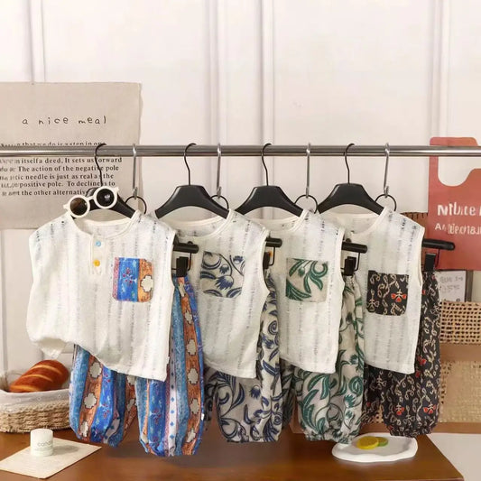 Korean Style Breathable Children's Sets Cartoon Sleeveless Girls' T-shirt Casual And Versatile Boys' Pants For 1-7Y