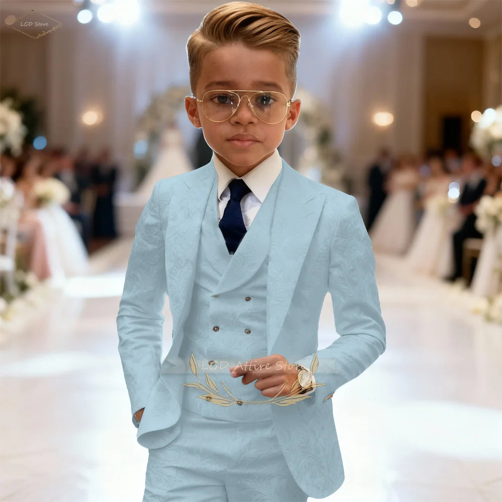 Kids Boys 3 Piece Intricate Jacquard Texture Blazer Suit Vest Trousers Elegant Gentleman Wedding Ceremony Formal Dress