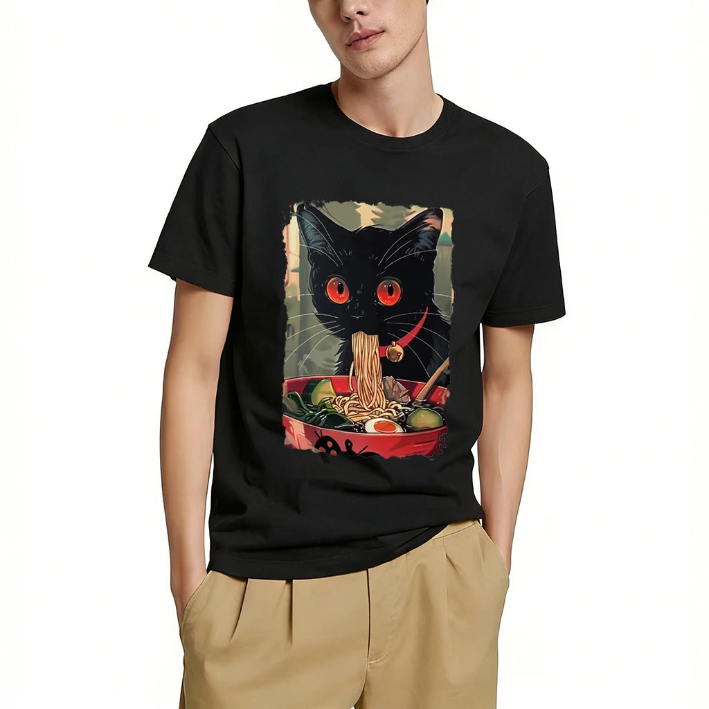 Japanese Anime-Style Ramen Black Cat Graphic T-Shirt Kawaii Animal Print Casual Daily Home Tees Classic O-Neck Short Sleeve Tops