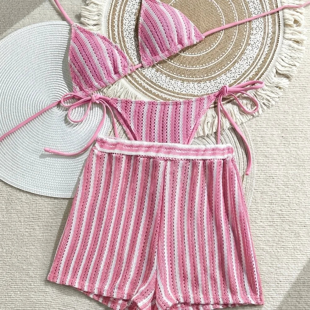 Casual Stripes 3 in 1 Swimwear Set Sleeveless Slim Fit Bikini Bathing Suit Lace Up Deep-V Knitting Swimsuit Beach