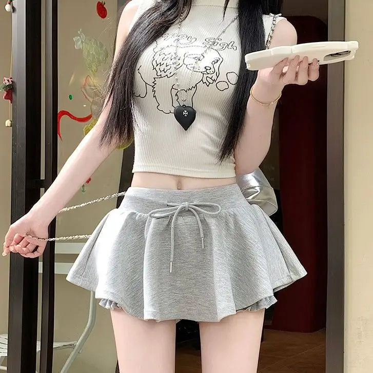 Solid Color Drawstring Half Body Skirt Pants, Spicy Girl Pure Desire, Casual Sports Short Skirt Pants, High Waist