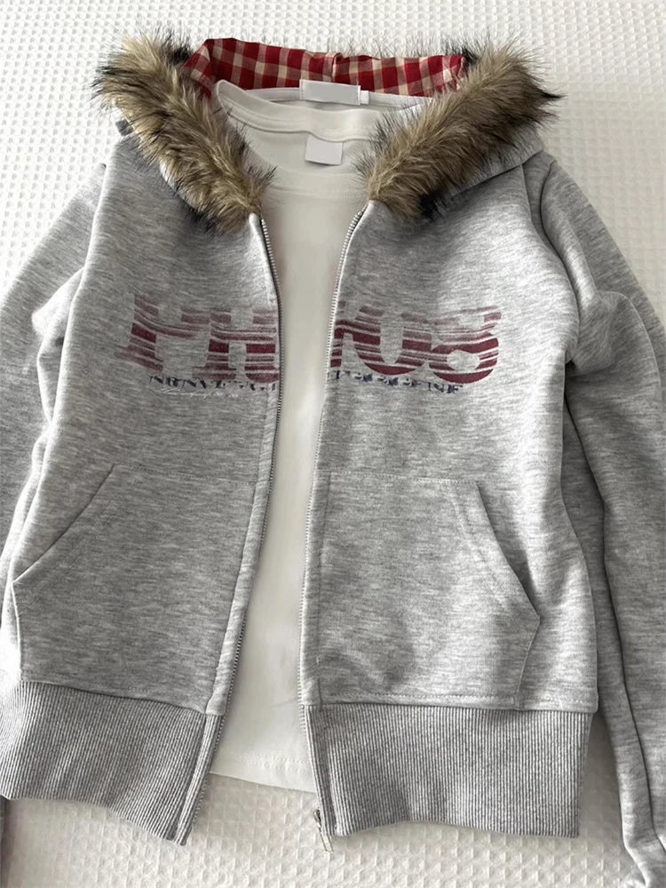 Women American Vintage Letter Print Jacket Antumn Winter Y2K Harajuku Faux Fur Hooede Hoodie Sweet Fashion Hot Girl Sweatshirt BAZAARHUBO