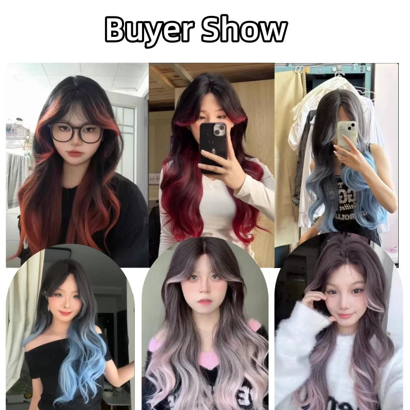 Red Black Ombre Wig Paris Female Long Curly Hair Lace Front Headband Wig Lolita Heat Resistant Synthetic Wigs for Daily Use