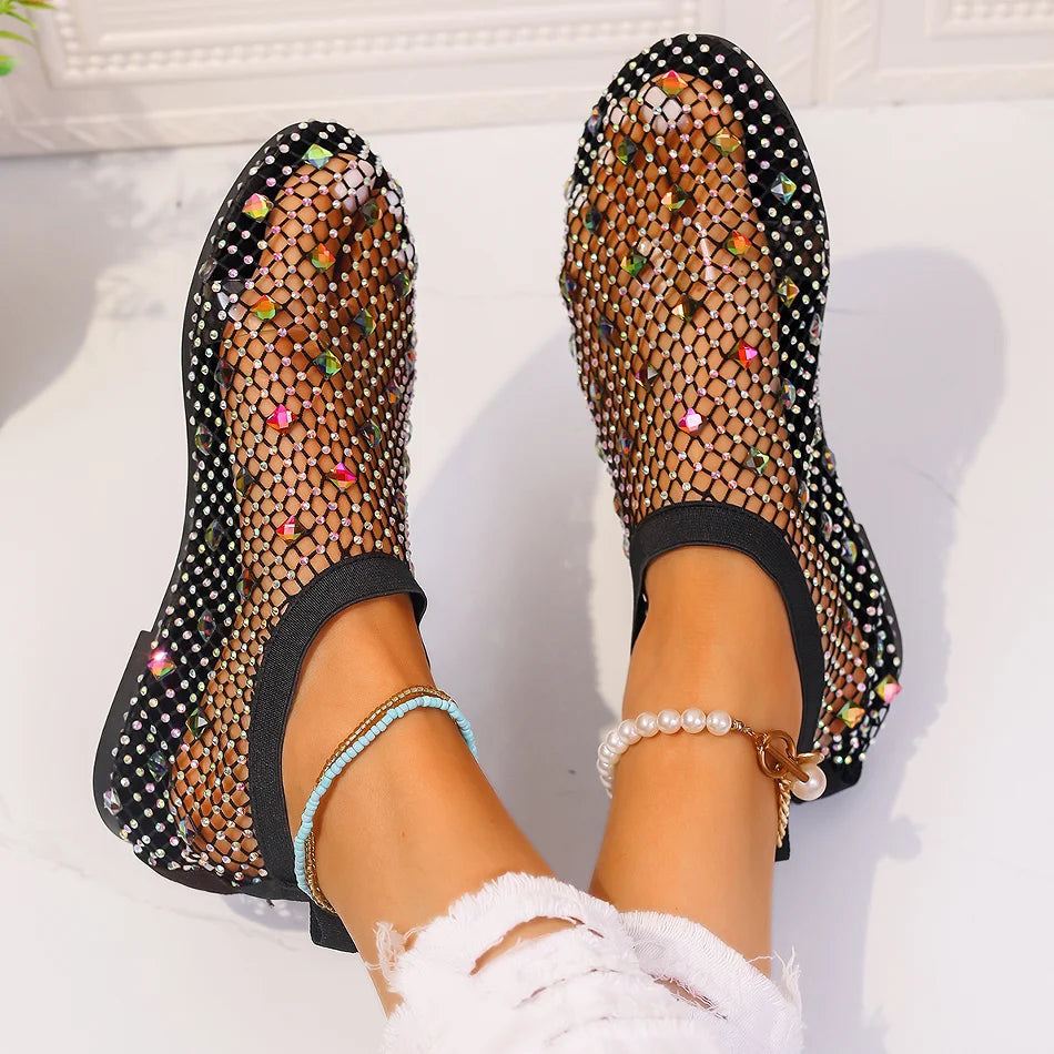 Summer Women's New Round Toe Flat Bottom Sandals Hollow Short Boots Water Diamond Sexy Flat Bottom Fashion Banquet Sandals