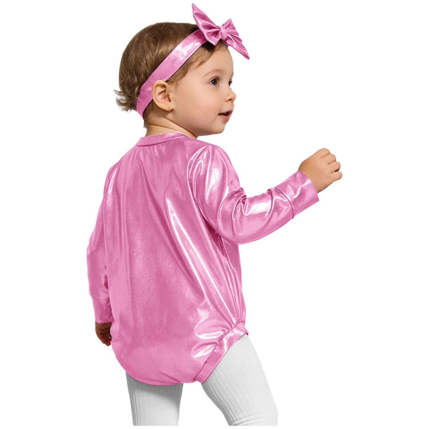 Baby Girls Long Sleeve Metallic Shiny Buttons Crotch Romper with Bow Headband Birthday Theme Party Photography Outfit Daily Wear