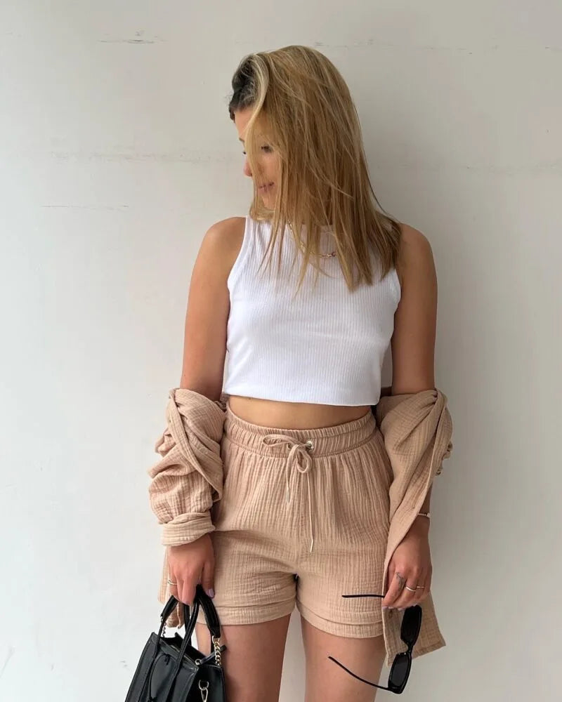 Casual Sleepwear 100% Cotton Pajamas For Women Sets Suit Turn-Down Collar Nine Quarter Sleeve Sleep Tops Shorts Female Homewear