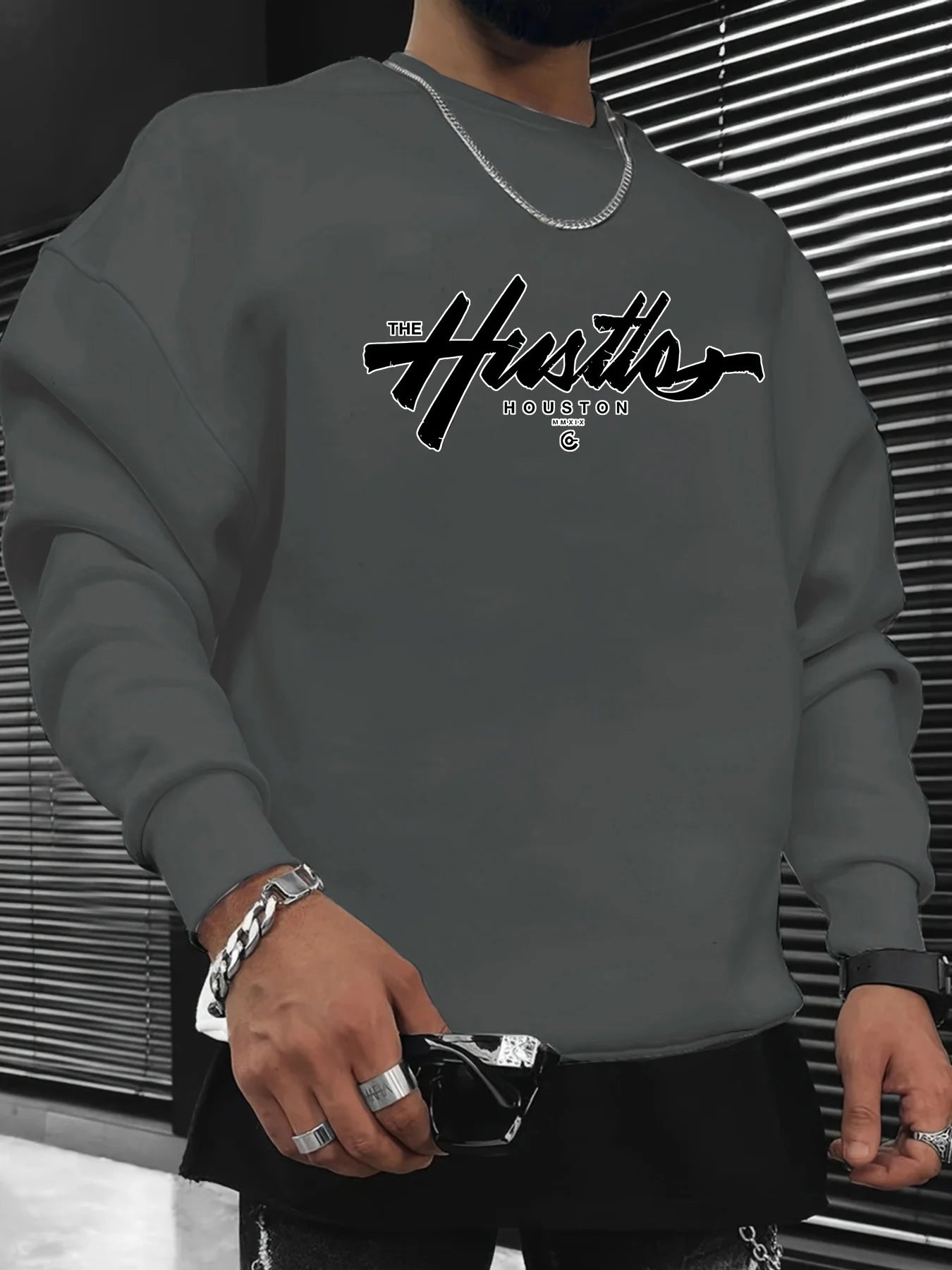 Men's autumn and winter fashionable casual loose Houston letter graphic printed long sleeved round neck sweatshirt
