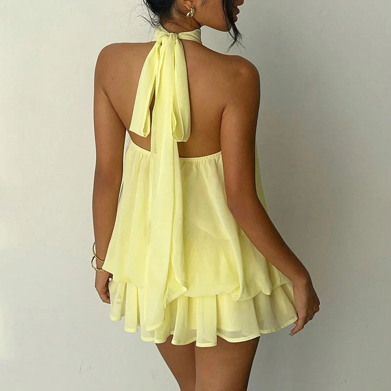 French Style Solid Color Halter Dress Women Sleeveless Off Shoulder Backless A Line Mini Dress Spicy Girl Beach Vacation Dresses