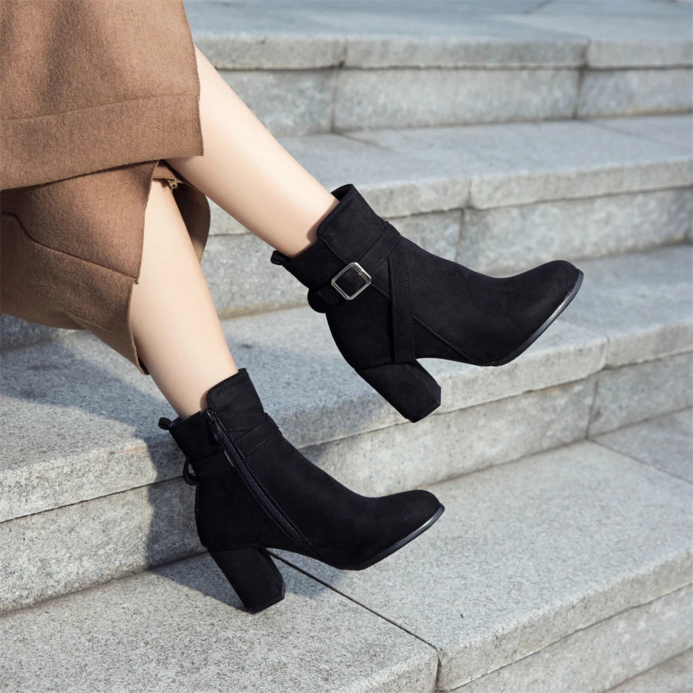 Women High Heels Ankle Boots 2025 Round Toe Elegant Short Booties Ladies Ankle Boots Buckle Decoration Black Blue Autumn Winter
