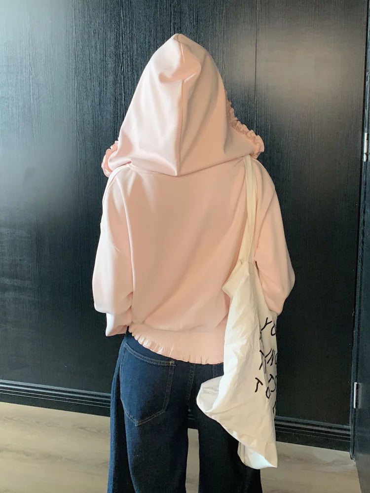 Korean Pink Zipper Hooded Sweatshirt for Women's Cute Outerwear Cardigan with Ruffle Edge Long Sleeved Top Loose Hoodie