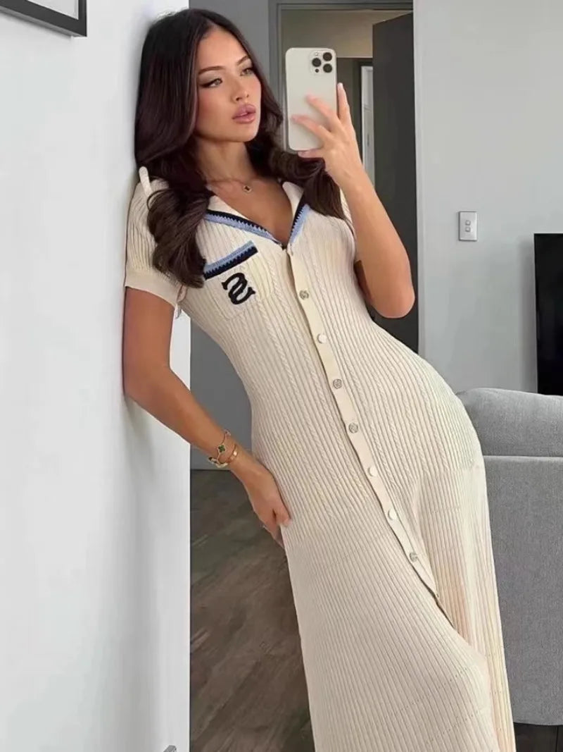 Summer Elegant Slim Knitted Long Sleeve Dress For Women Single Breasted White