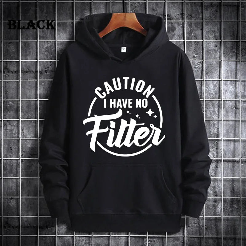 Caution I Have No Filtes Printed Hoodie, Women's Casual Pocket Pullover, Autumn/Winter Fleece Sweatshirt, Comfortable Hoodie