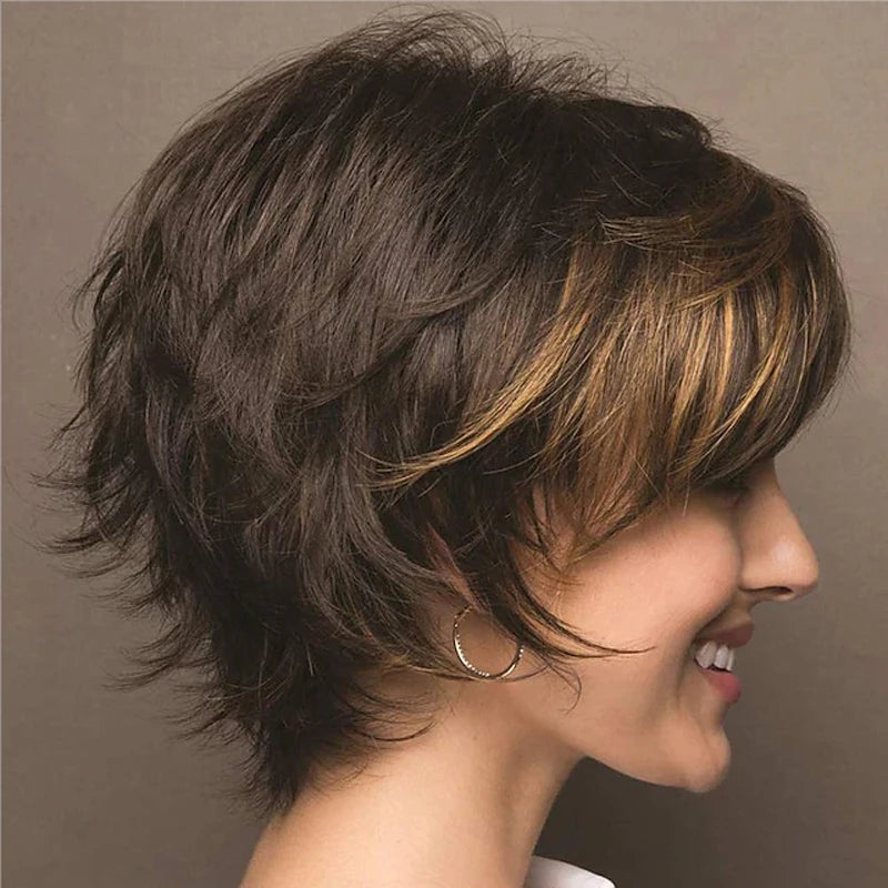 HAIRJOY Synthetic Hair Short Curly Brown Mixed Blonde Highlight Wigs with Bangs for White Women