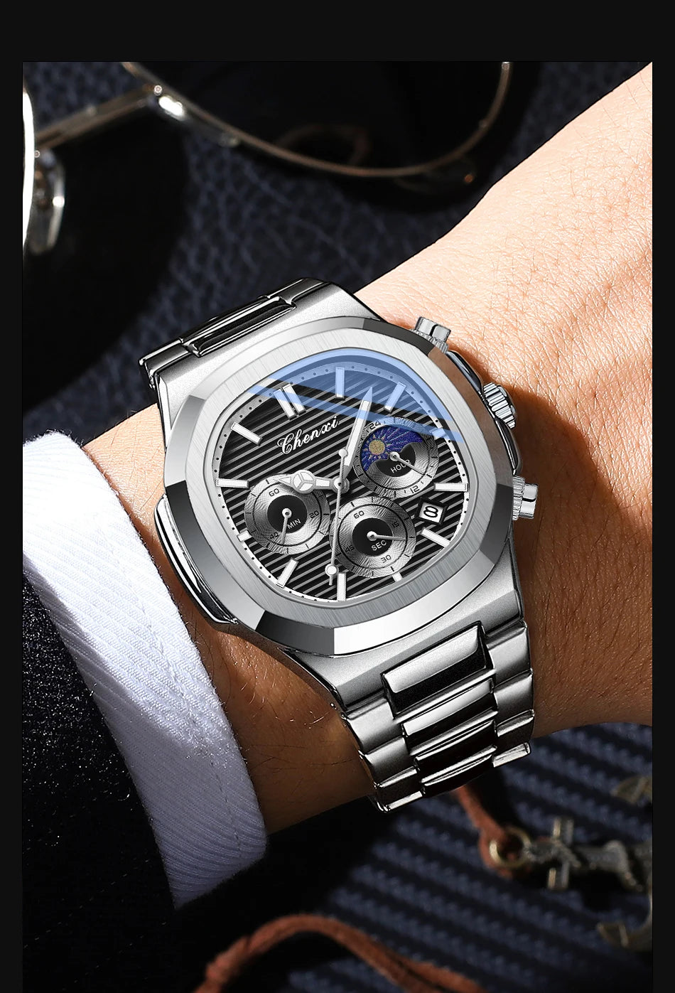CHENXI Fashion Luxury Men's Watches Stainless Steel Quartz Movement Waterproof Calendar Moon Phase Chronograph Watch for Men