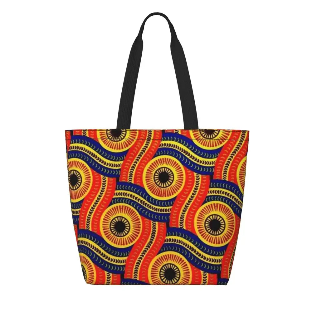 African Ankara Prints Grocery Shopping Tote Bags Women Geometric Ethnic Art Canvas Shoulder Shopper Bags Big Capacity Handbag