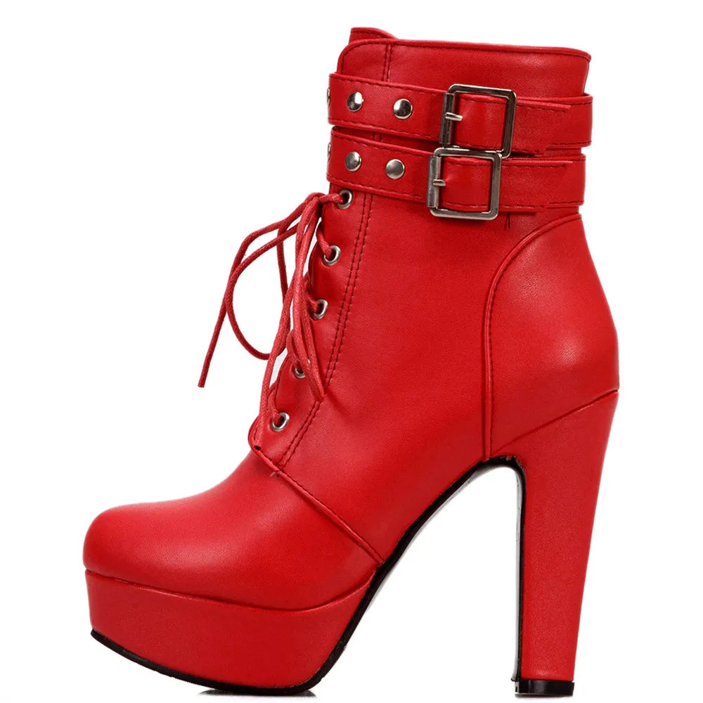 Women Ankle Boots Platform Lace-Up High Heels Short Boot Female Buckle Autumn Winter Red Yellow White Sexy Shoes Large Size34-46