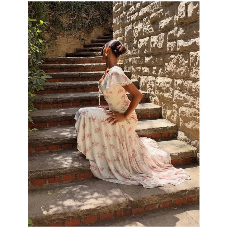 Chic Floral Puff Sleeve Women Maxi Dress Sexy V Neck Button Down Ruffle Slit Vestidos 2026 Summer New Lady Daily Party Sundress