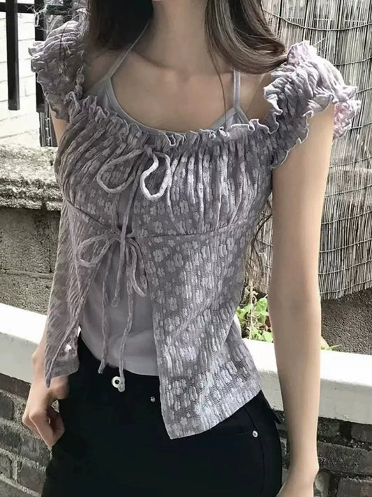 Kawaii sweet fake twoTops Women Japanese Lace Bow short sleeve solid Shirt Soft Daily korean fashion tees chic