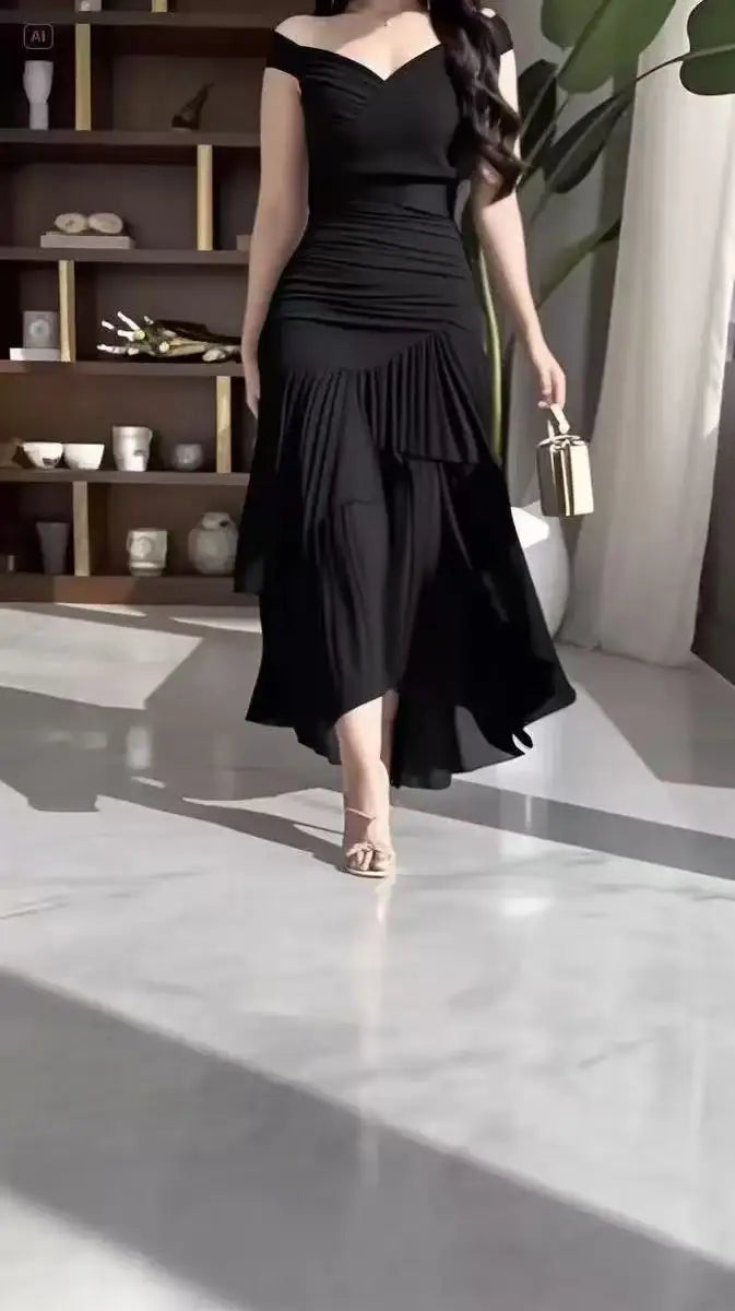2026 New Women's Sexy Dress Sweet Style Solid High Waist Ruched V-Neck Sleeveless Summer Fashion Ruffle Elegant Party Long Dress
