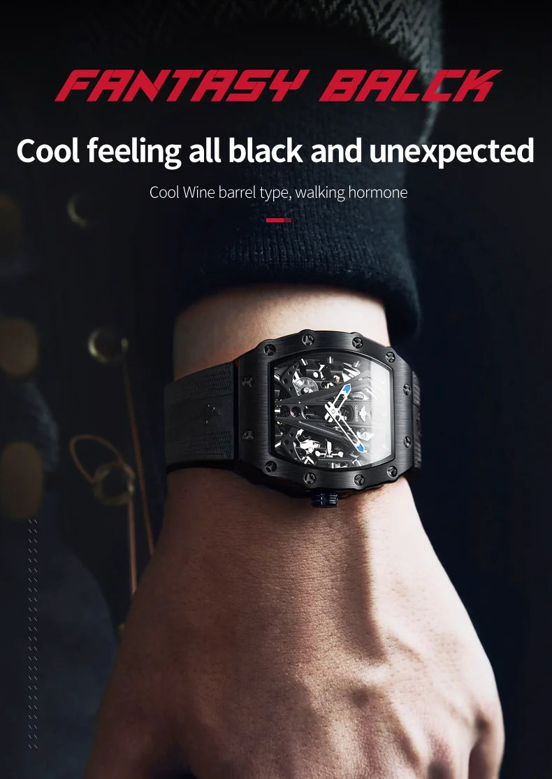 OUPINKE 3179 Automatic Watches for Man Silicone Strap Sapphire Mirror Waterproof Skeleton Tonneau Mechanical Men's Wristwatches