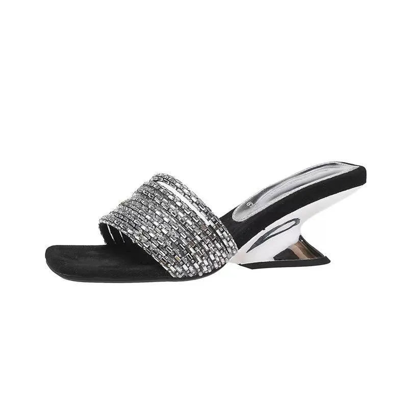 Women's Fashion Slippers Summer New Rhinestone Fine Belt Shaped Wedge Square Head Temperament High Heels