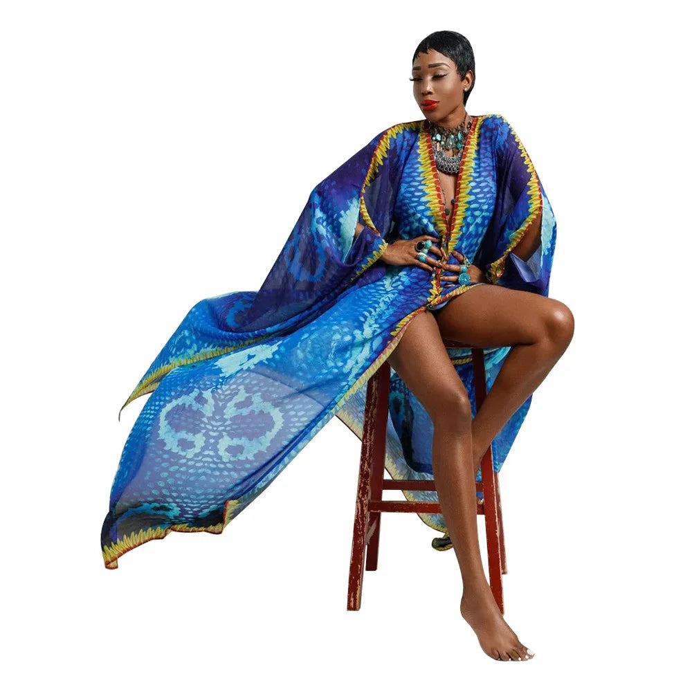 African Dresses for Women See-Through Chiffon Sexy V-neck Bohemian Printing Maxi Dresses Africa Kimono Bikini Holiday Beachwear