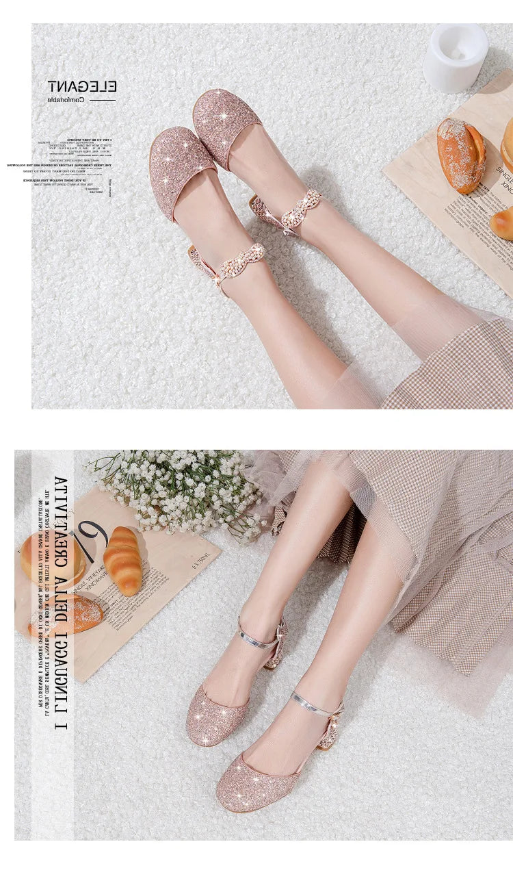 Princess Kids Leather Shoes Girls Sandal Sweet Pearl Casual Glitter Children High Heels Girls Party Dance Shoes Pink Gold Silver