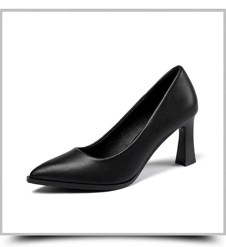 Black Women's Pumps 6-8cm Heel Soft PU Leather Non-slip Single Shoe Professional Interview High Heels Mid Heeled Work Shoes