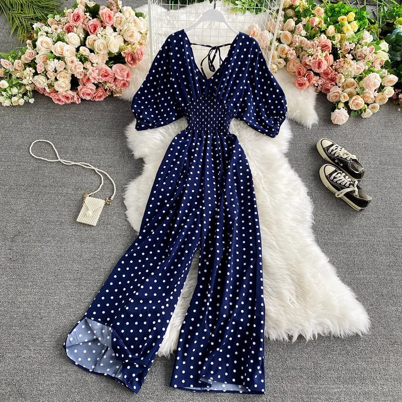 V Neck Sexy Dolman Sleeves Waist Slim Floral Print Jumpsuit Women Wide Leg Trousers Jumpsuit