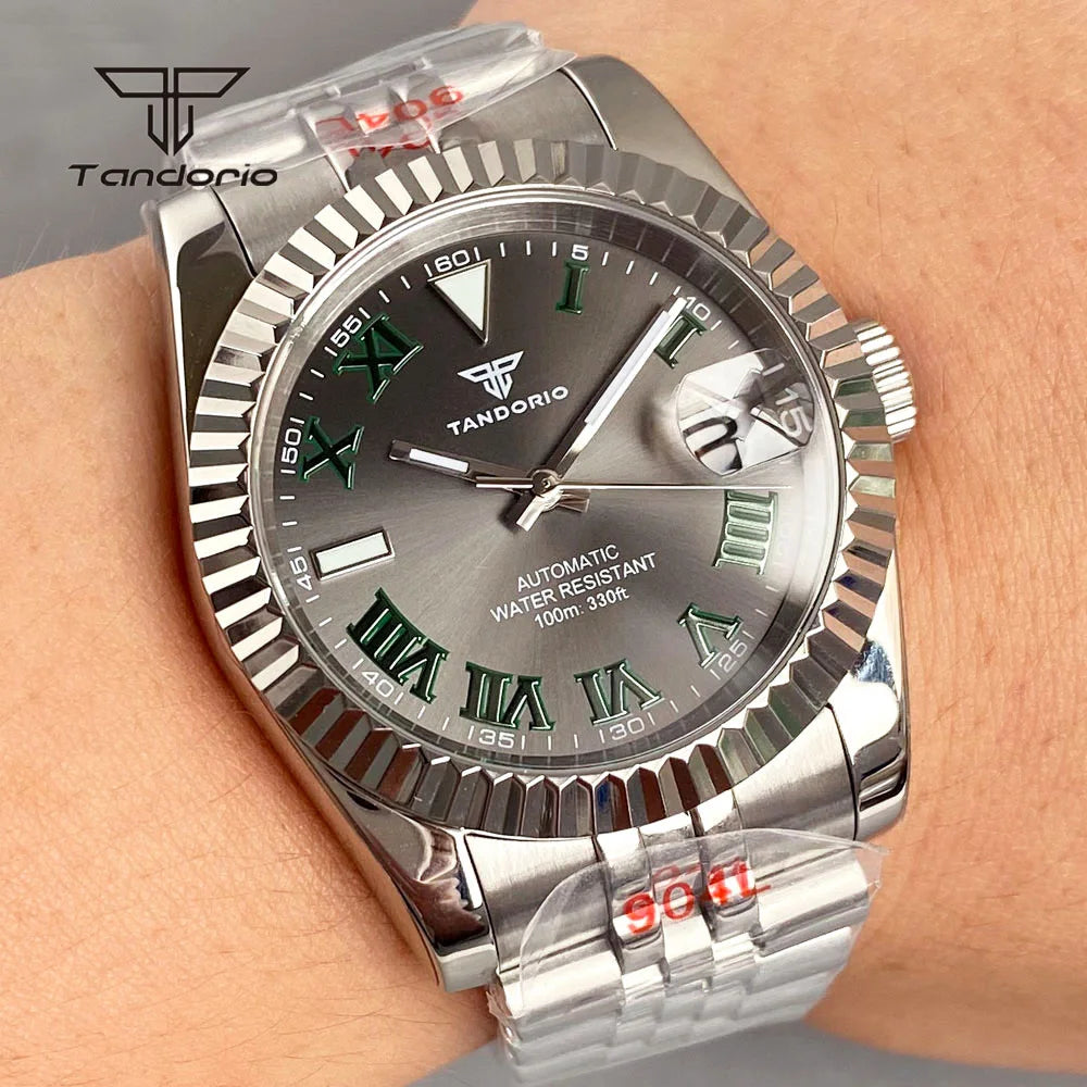 Tandorio Stainless Steel Automatic NH35 36mm/39mm Men's Watch Grey Sunburst Sapphire Roman Marks Mechanical Watches Date Lume