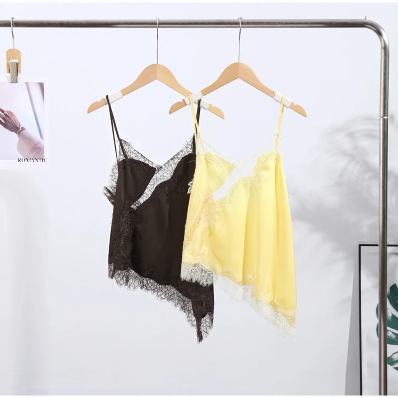 Lace Spliced Square Neck Spaghetti Strap Blouse Loose Fit Cropped 2026 Summer Women Chiffon Top Causal Delicate Lady Blusa