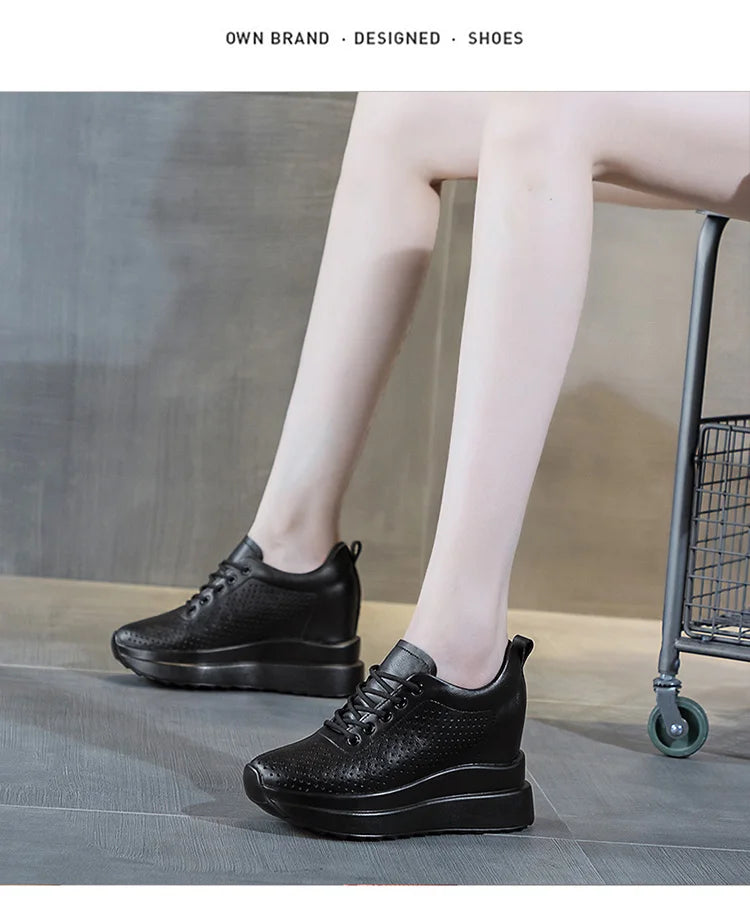 10cm Genuine Leather Women Vulcanize Women Summer Hidden High Heels Platform Wedge Spring Autumn Chunky Sneakers Shoes