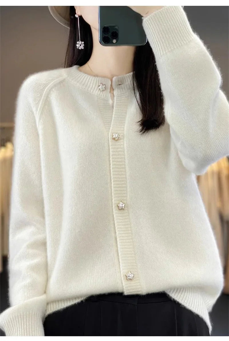 New Women Cardigan Sweater Autumn/Winter Round Neck Star Button Solid Knit Bottoming Shirt Jacket Quality Knitwear Female Tops