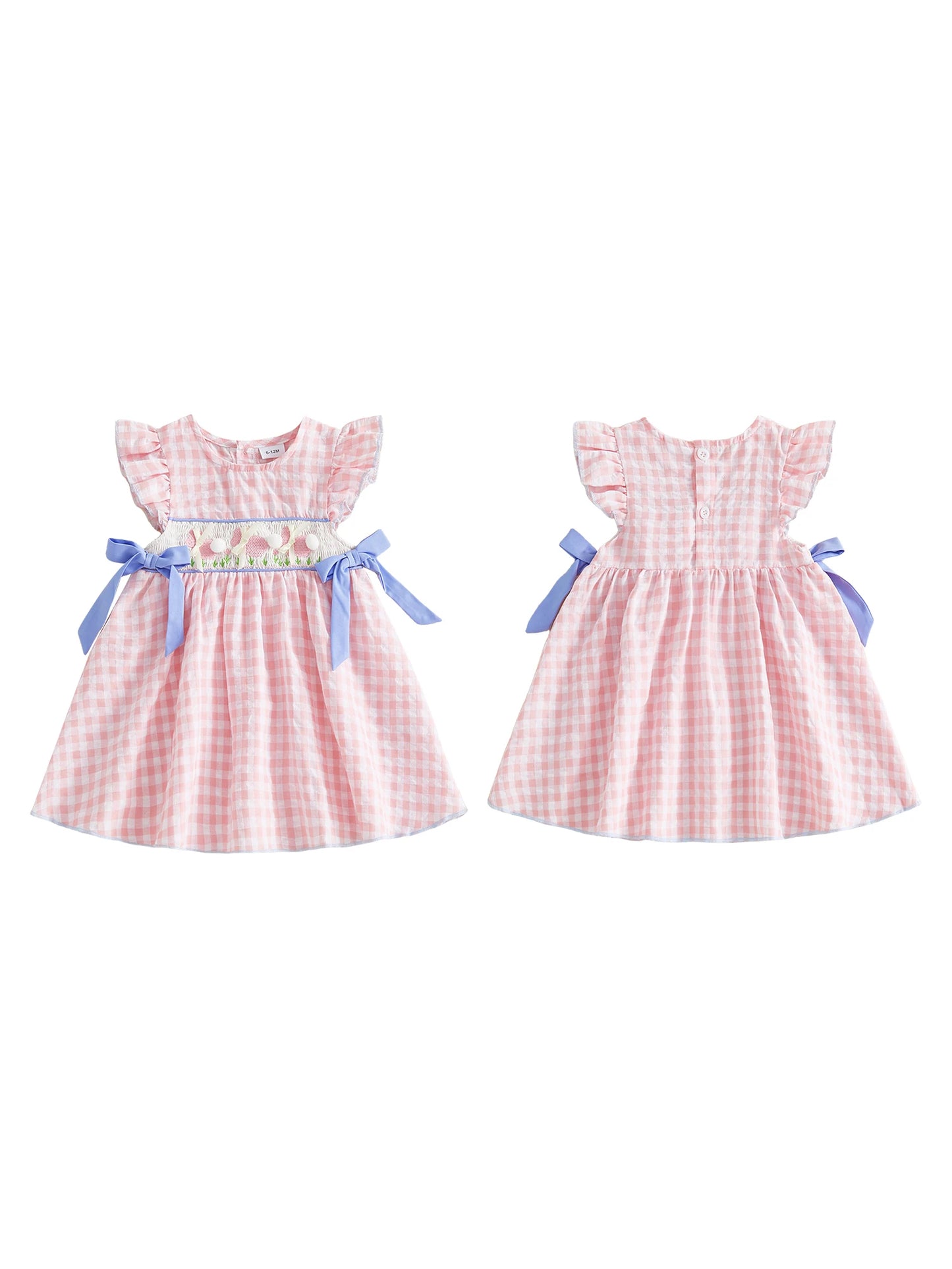 Toddler Baby Girl Easter Dress Flying Sleeve Crew Neck Rabbit Embroidery Plaid Print Bow Decor A Line Dress
