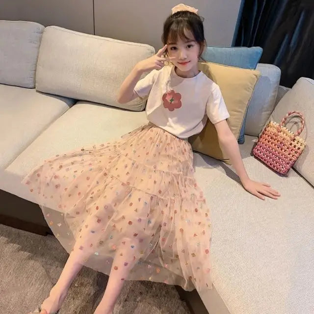 2026 Fashion Girls Dress Summer Kids T-shirt + Dress 2PCS School Casual Children Short Sleeve Dresses for Girl Teen 8 10 12 Year