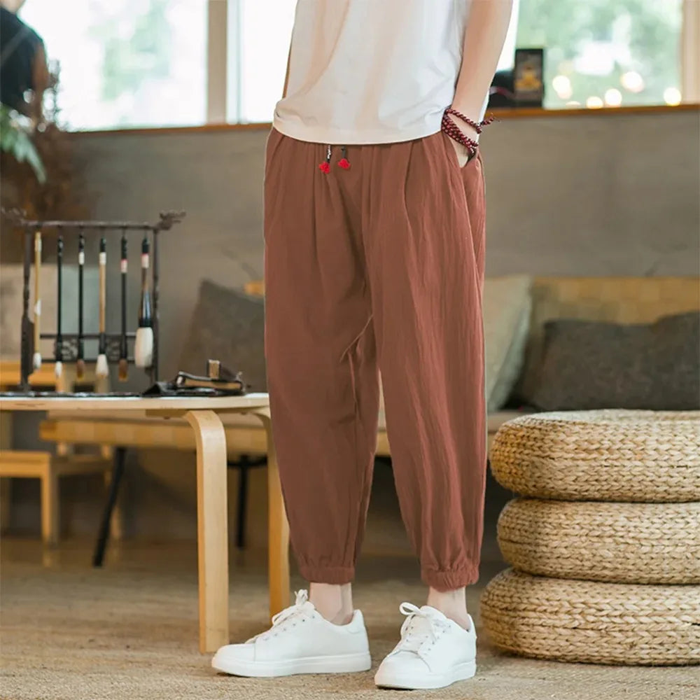 Men's Casual Solid Color Harem Pants Cotton and Linen Loose Oversize Beach Pants Jogger Sweatpants Male Wide Leg Trousers