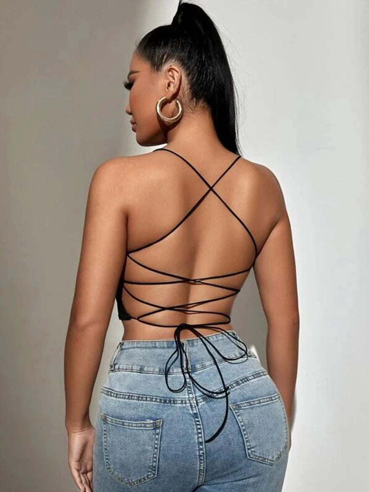 Summer New SXY Backless Lace Up Crop Cami Top For Women