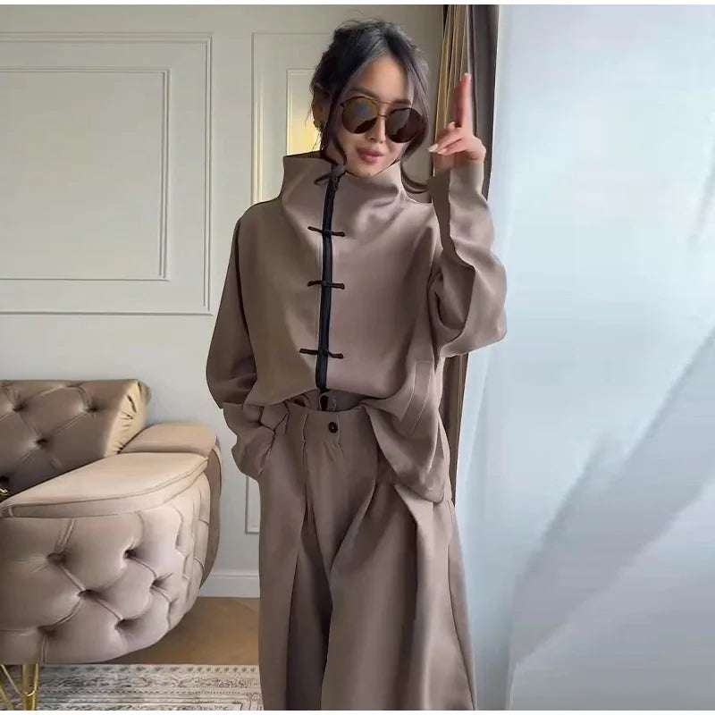 Casual Zipper Shirt Pants Suit Women Solid Button Stand Collar Drawstring Shirts Loose High Waist Trousers 2026 Spring Set Lady