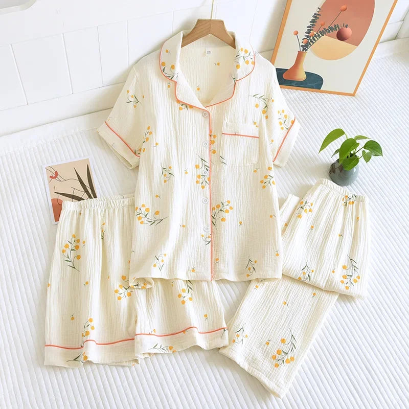 Women's short sleeve trousers home service cotton yarn thin pajama set spring and autumn cotton home service suit