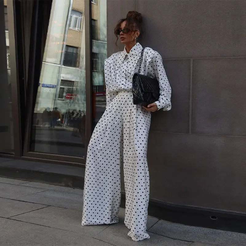 Elegant Dot Shirt Pants Women Set Casual Lapel Button Pleated Blouse Wide Leg Trousers 2026 Spring Summer Chic Lady Outfit New