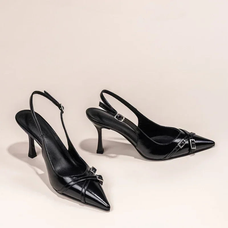 Summer Elegant Buckle Decorated Black Stiletto Women's Sandals Fashion Pointed Toe Shallow Mouth New Sexy High Heels