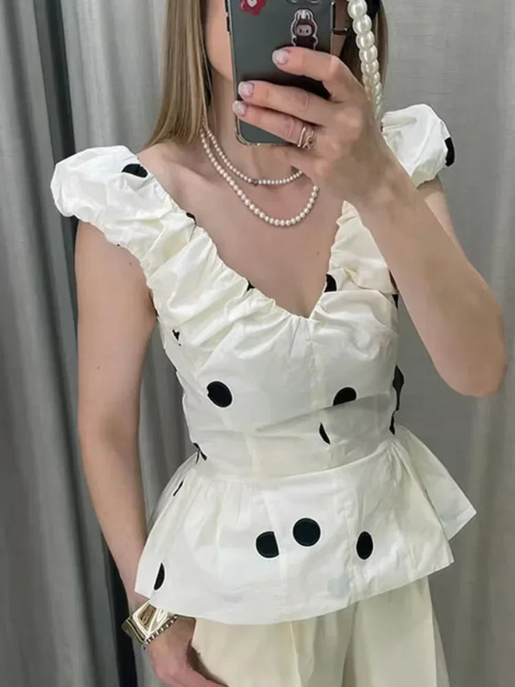 Vintage Polka Dot Backless Tank Tops Sexy Summer Street Chic Slim Deep V Neck Vest Casual Ruffles Sleeveless Tops Woman 2026 BAZAARHUBO