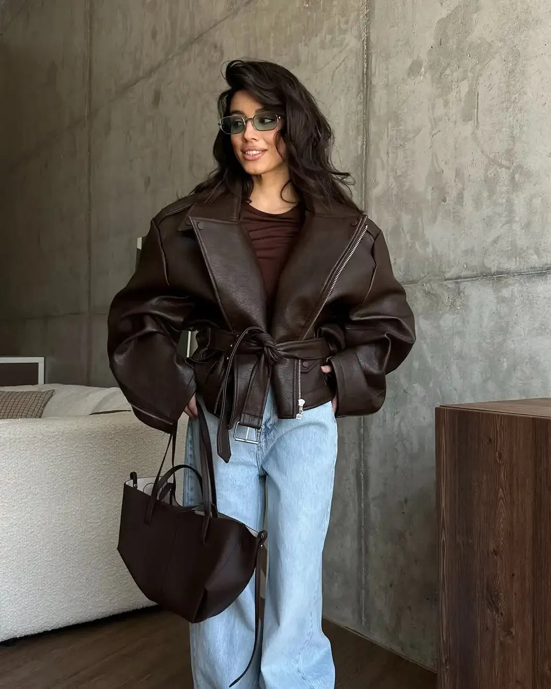 Casual Dark Red  Zipper Leather Short Jackets Women Long Sleeve Lace Up Lapel Loose Button Coat Lady Daily High Street Wear 2026