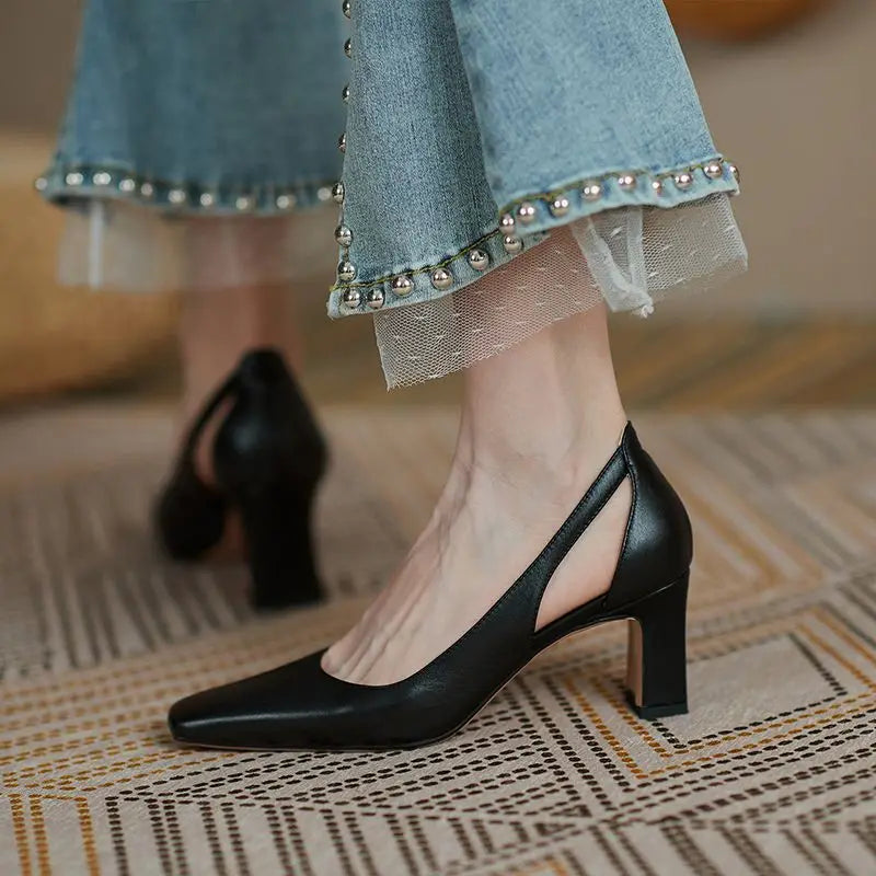 Office Ladies Summer Footwear High Heels Pumps On Heeled Square Toe Shoes For Women 2025 Fashion Leather Casual Slip A Vacation
