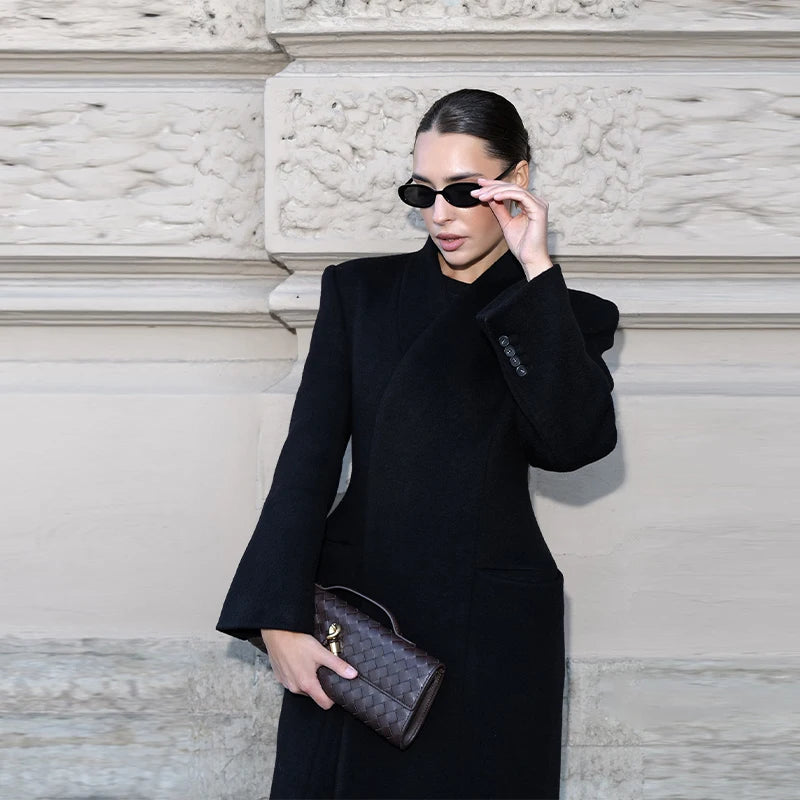 Elegant Long Coat Women V-neck Solid Slim Single-breasted Waist-closed Jackets Lady 2026 Spring Chic Female Streetwear
