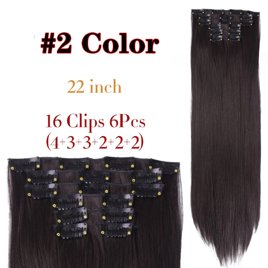 22 Inches Synthetic Long Straight Hairstyle 16 Clips 6Pcs/Set Hair Extensions Blonde Black Hairpieces Heat Resistant For Women